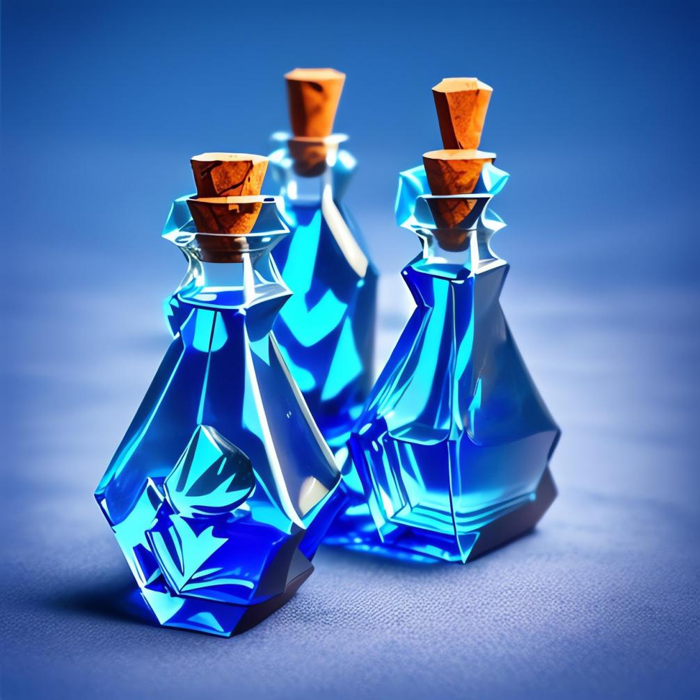 drei blaue Zaubertränke in Glasflaschen
