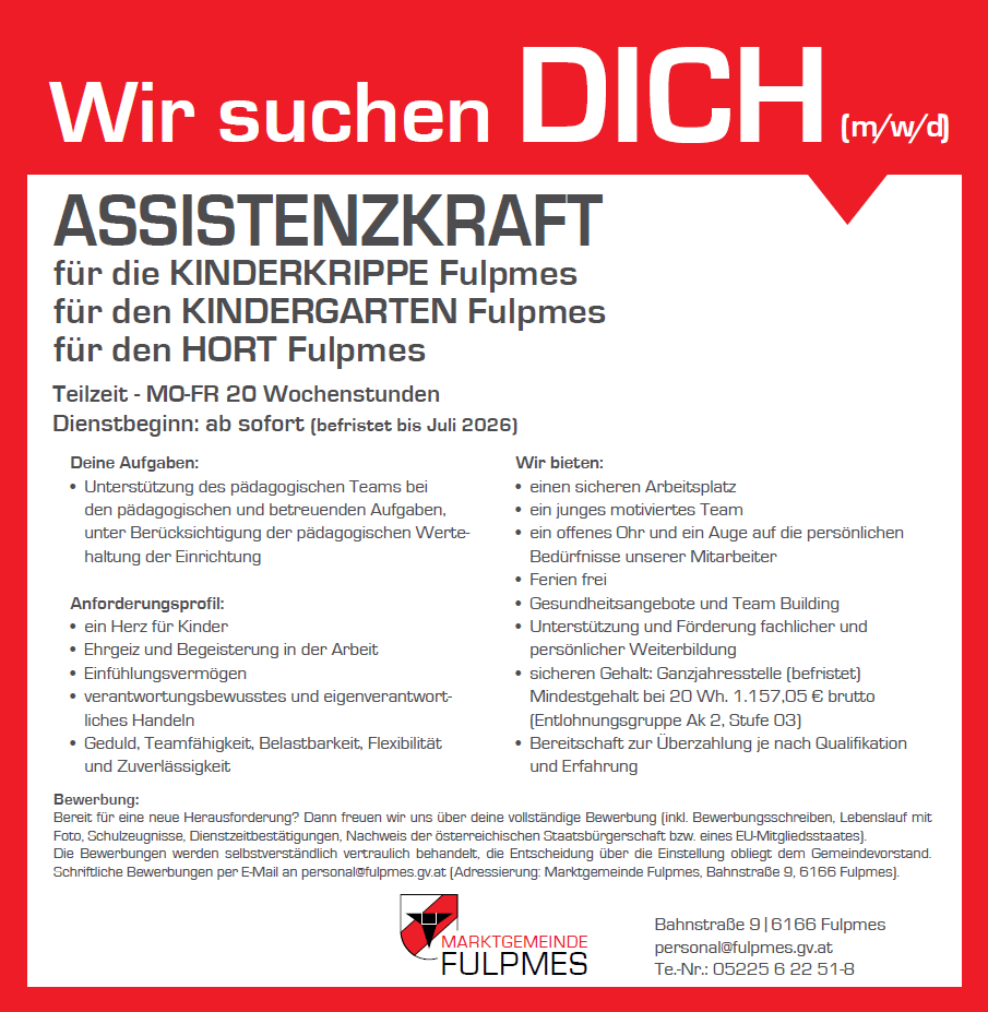 Stellenausschreibung Marktgemeinde Fulpmes