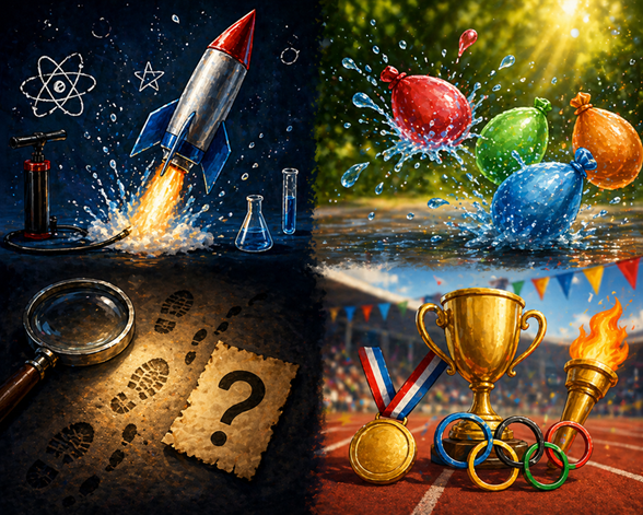 Collage mit vier Bildern: Wasserballon, Rakete, olympische Spiele, mysteriös