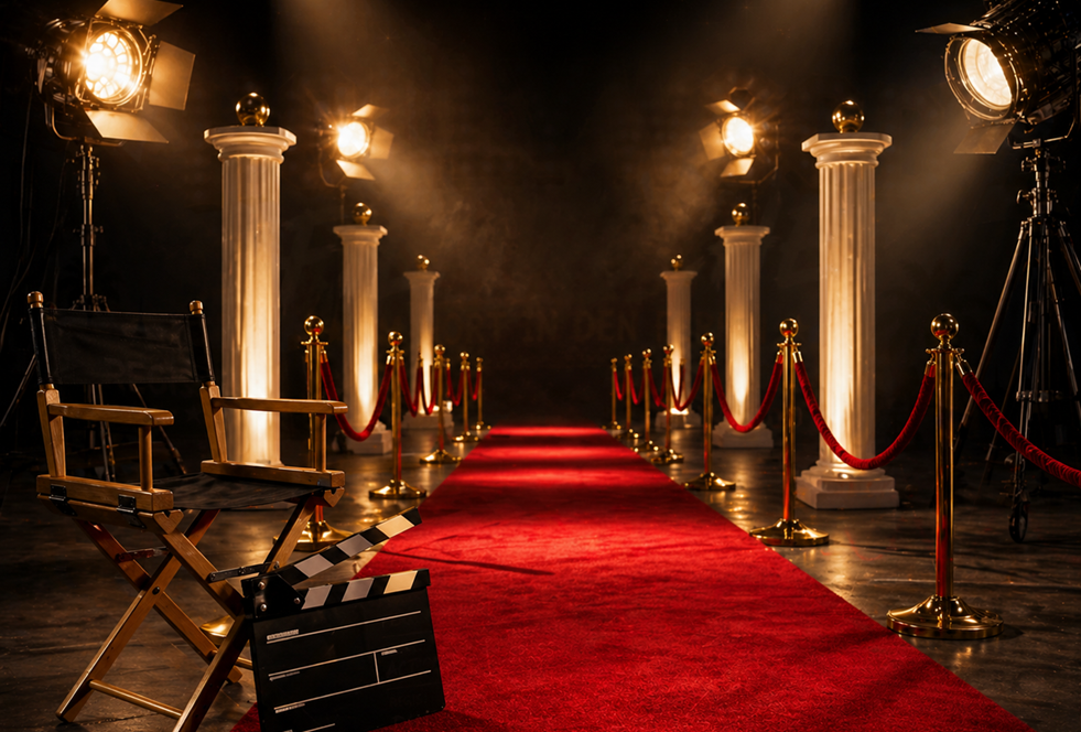 Red Carpet mit einem Regisseur-Stuhl und Scheinwerfer 