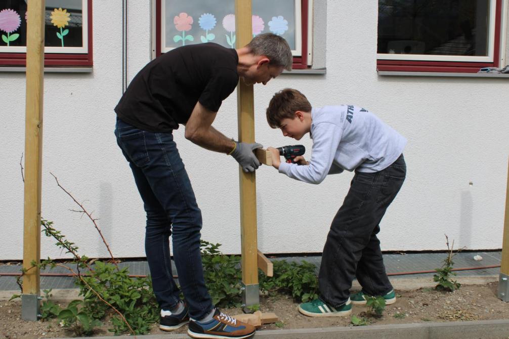 Mann und Kind bauen Staude
